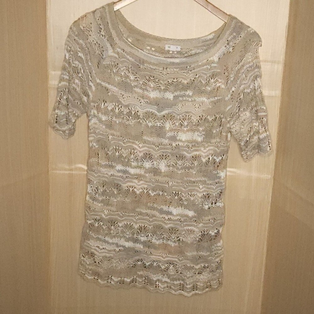 Westport Westport Pastel Neutral Open Knit Short Sleeve Tunic Sweater Medium